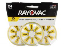 Rayovac 10-24 (24PK) Size 10 75mAh 1.45V Zinc Air Yellow Hearing Aid Batteries - 24 Piece Retail Card