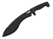 SOG SOGFari 12-inch Kukri Machete - Saw / Straight Edge, Drop Point - Hardcased Black Finish - Black Handle - Nylon Sheath - Clam Pack (MC11-N)